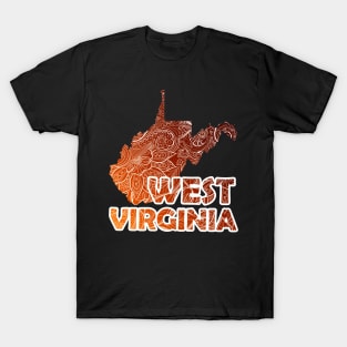 Colorful mandala art map of West Virginia with text in brown and orange T-Shirt